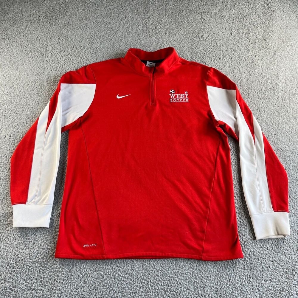 Nike Futebol Sweater Mens Large Red White Pullover Dri-Fit 1/4 Zip Soccer Sports